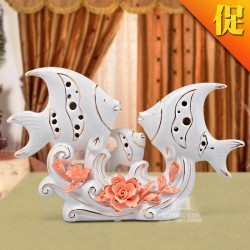 創意家居飾品三口之家手工捏花陶瓷魚擺件 陶瓷工藝品 圣誕禮品